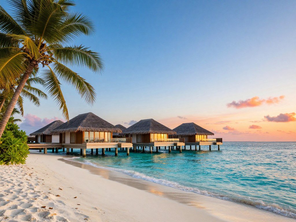 Beach and overwater villas across a Maldives island