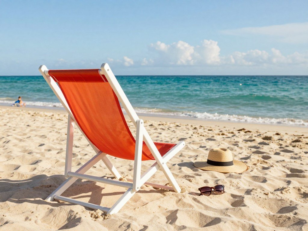 Beach chair frame and fabric set up on pale sand