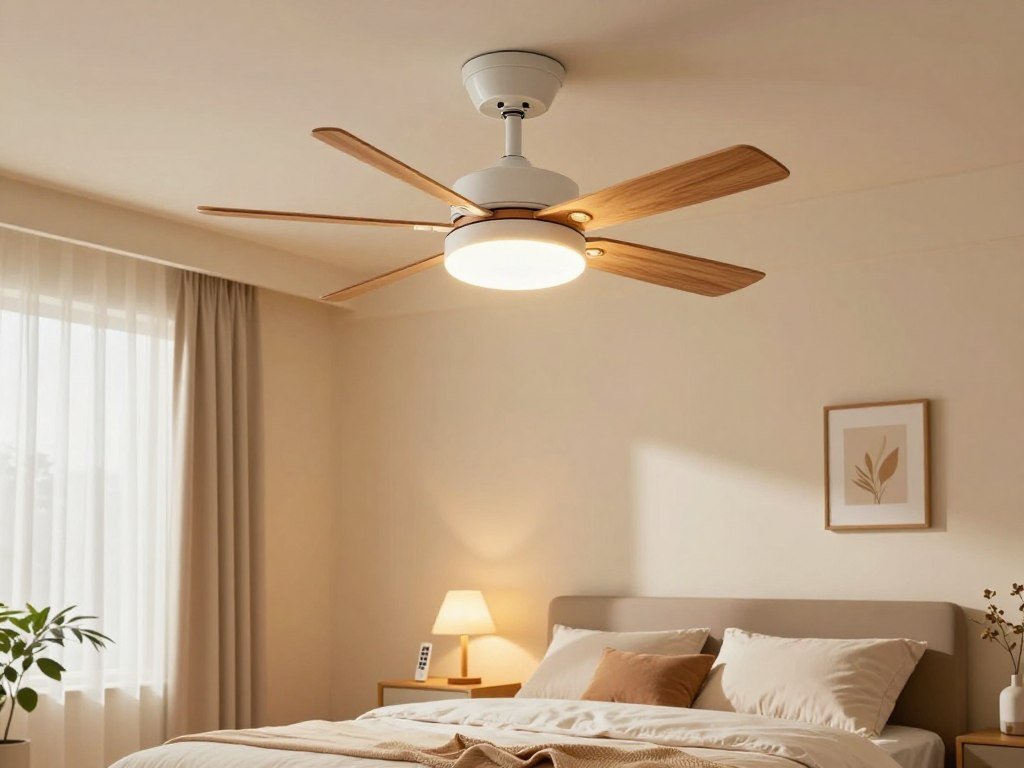 Bedroom ceiling fan with remote control and soft bedside lighting Bedroom ceiling fan with remote control and soft bedside lighting