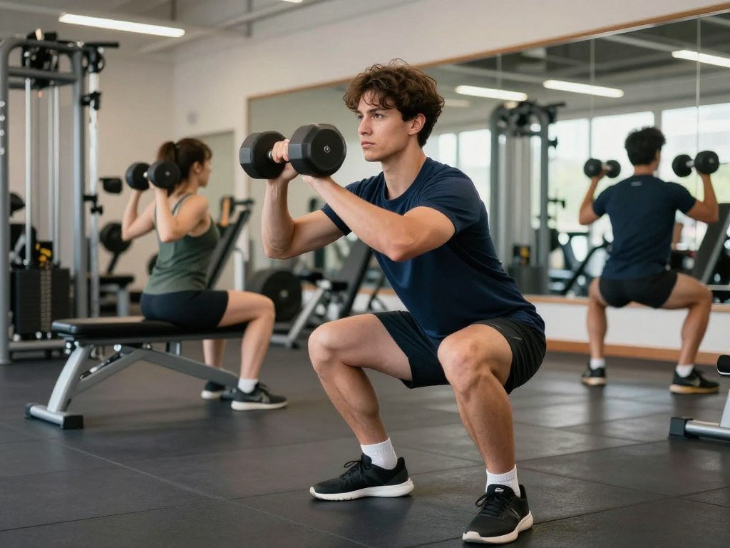 Beginner practicing five strength training movement patterns Beginner practicing five strength training movement patterns