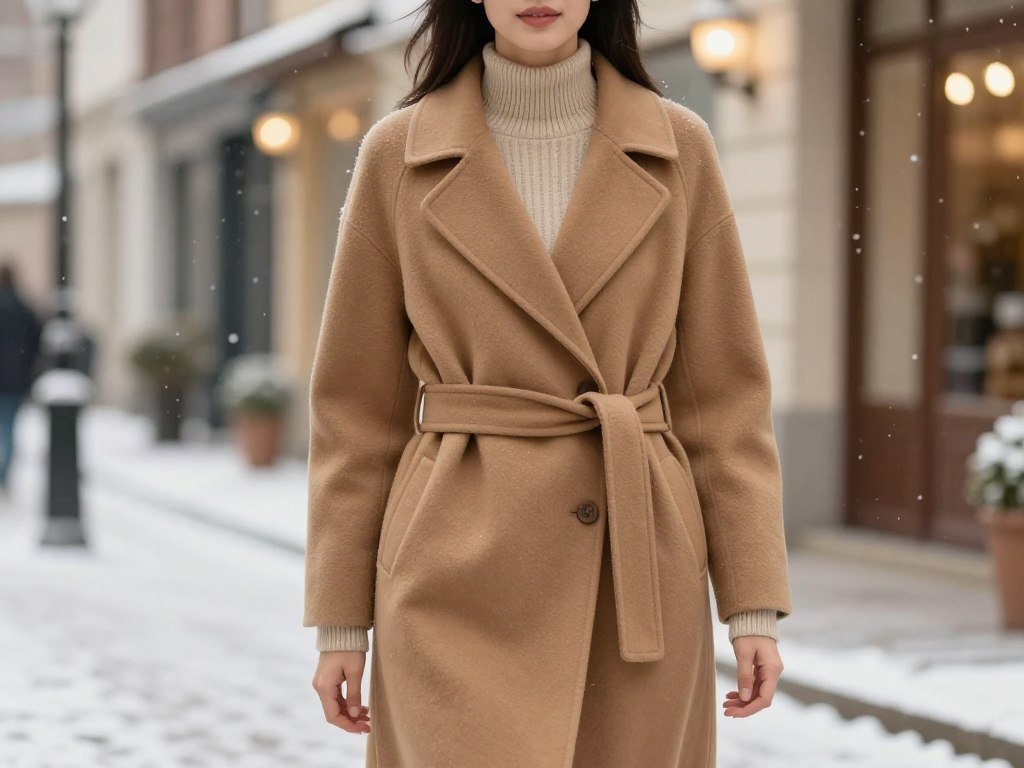 Belted wrap coat worn over a fine knit for an everyday look Belted wrap coat worn over a fine knit for an everyday look