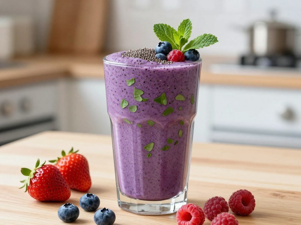 Berry protein smoothie with spinach and chia seeds