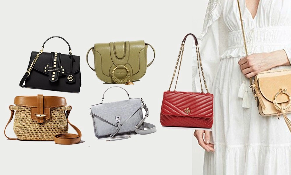 A woman in a white dress carries a tan crossbody bag beside five handbags in black, olive, woven tan, gray, and red, styled for a polished fashion display.