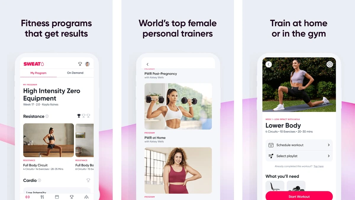 Three fitness-app screens promote results-focused programs, female trainers, and home or gym workouts, with exercise photos and an encouraging tone.
