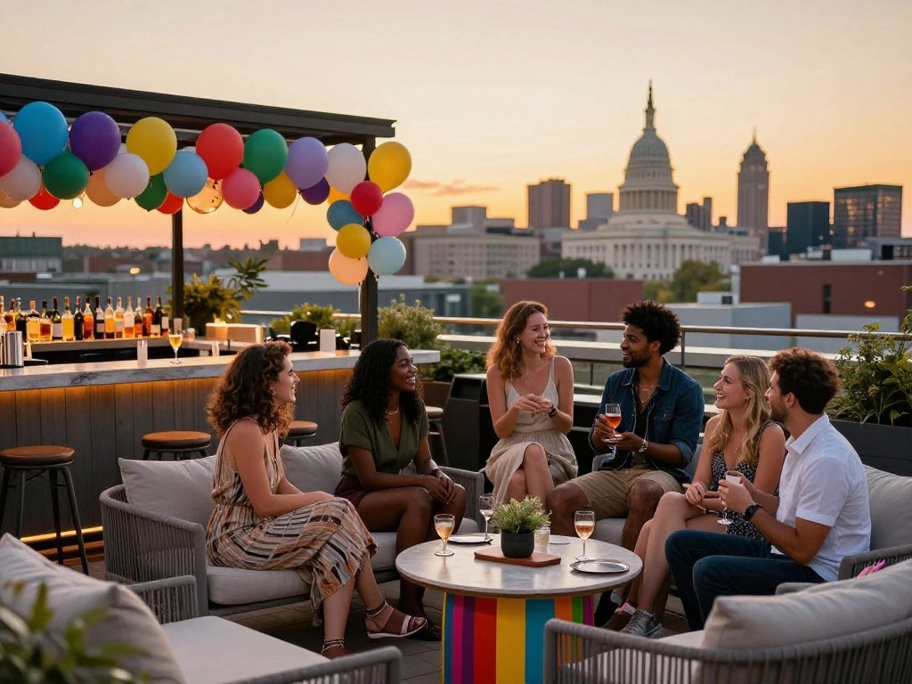Birthday group checking a rooftop bar event space in DC Birthday group checking a rooftop bar event space in DC