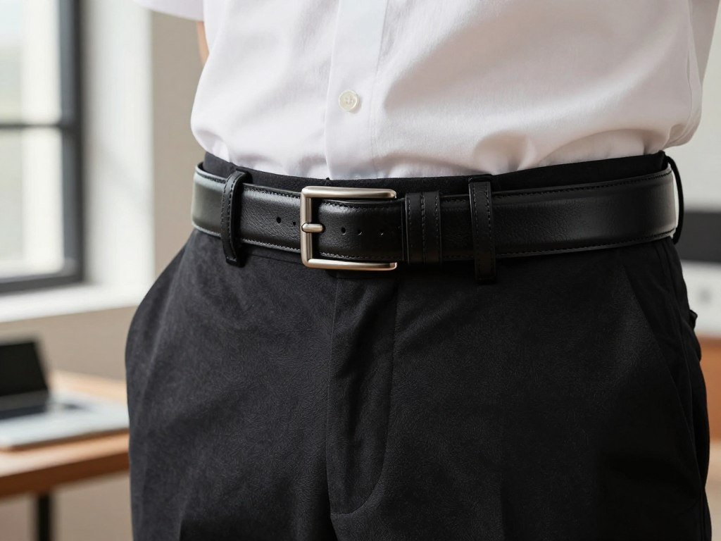 Black leather belt worn with tailored trousers Black leather belt worn with tailored trousers