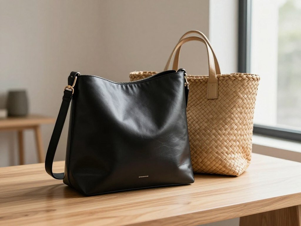Black leather shoulder bag beside a woven tote Black leather shoulder bag beside a woven tote