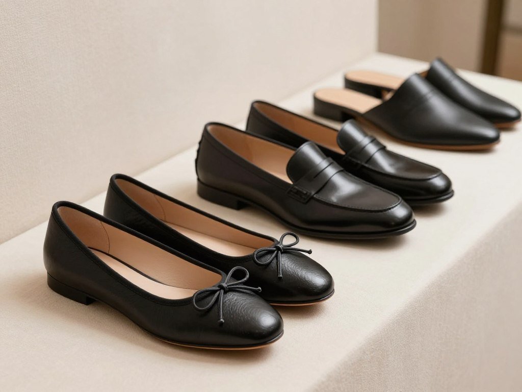 Black wide-width flats displayed in several styles Black wide-width flats displayed in several styles