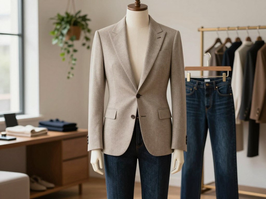 Blazer and dark denim with quiet luxury proportions