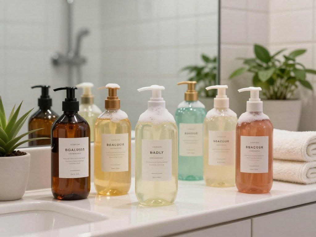 Body wash products arranged for several shower routines Body wash products arranged for several shower routines