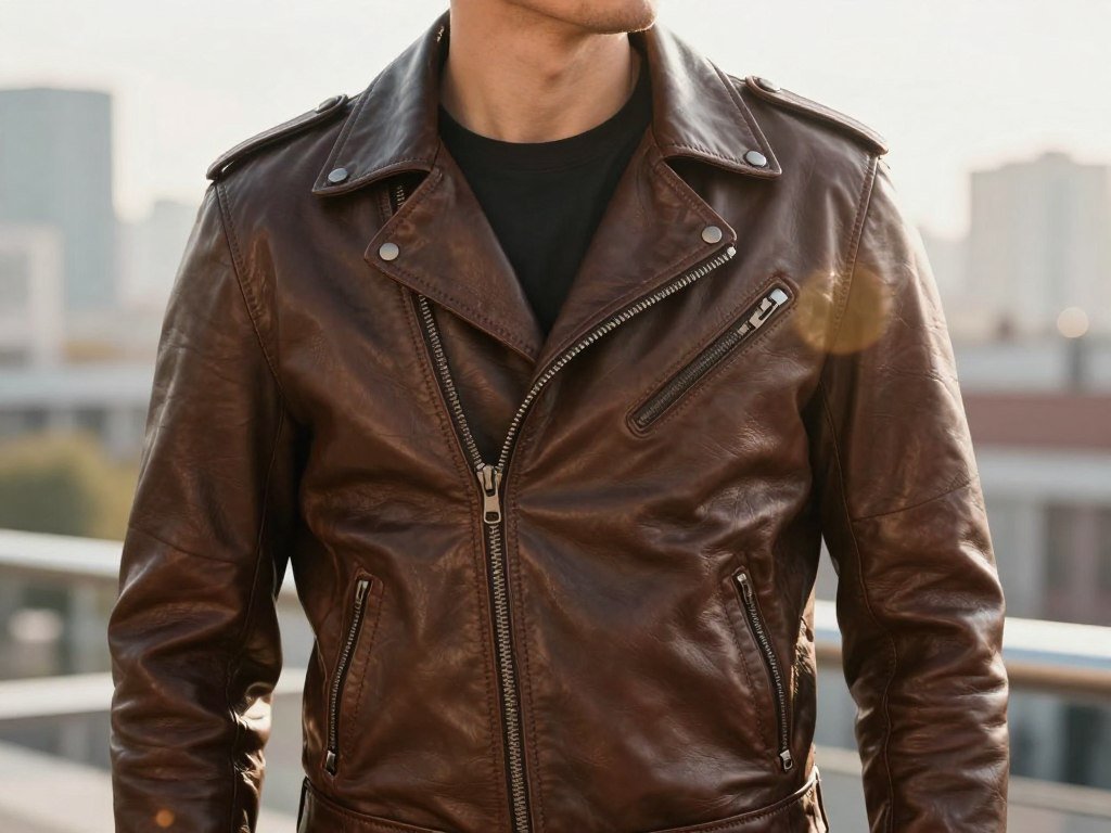 Boxy genuine leather moto jacket with clean topstitching