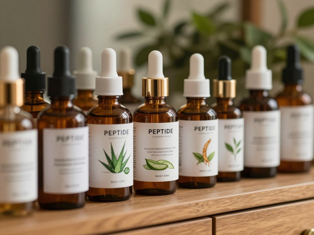 Brow serum ingredient labels showing peptides and botanical extracts