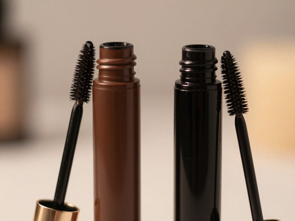 Brown and black mascara showing different makeup contrast Brown and black mascara showing different makeup contrast