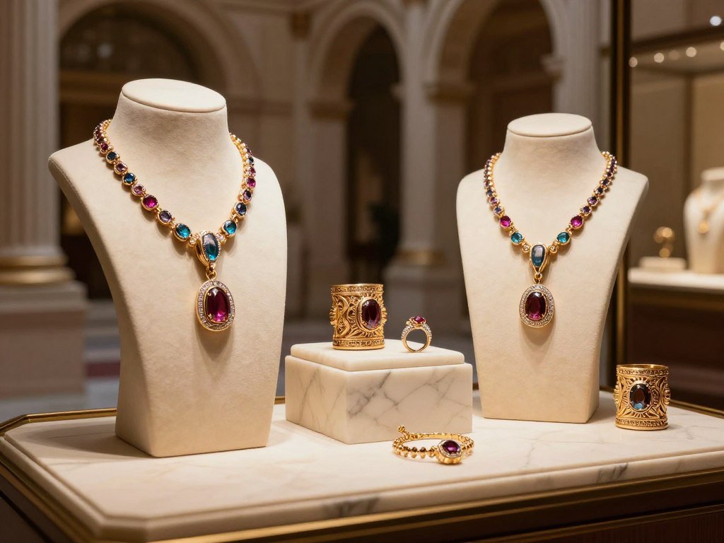 Bulgari accessories and jewelry displayed with Roman-inspired design