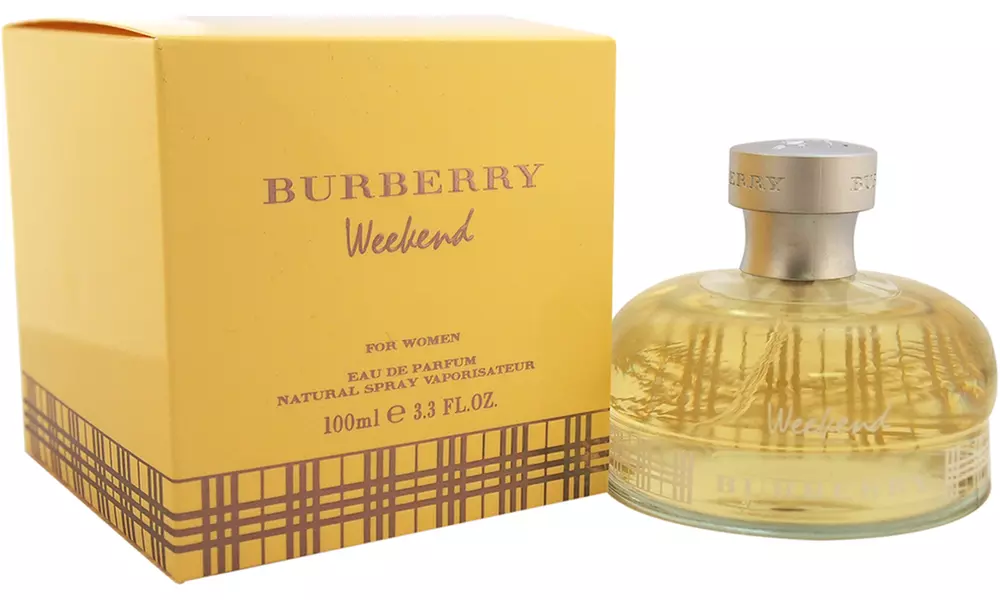 A golden Burberry Weekend for Women perfume bottle sits beside its yellow plaid box-Best Fragrances of 2026