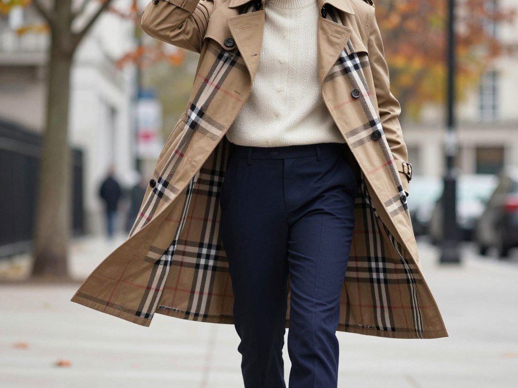 Burberry trench coat layered over everyday clothes in cool weather