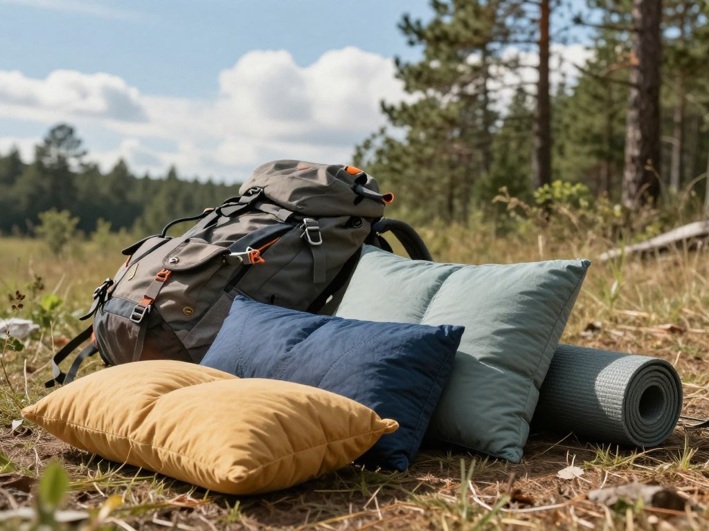 Camping pillows lined up beside a backpack and sleeping mat