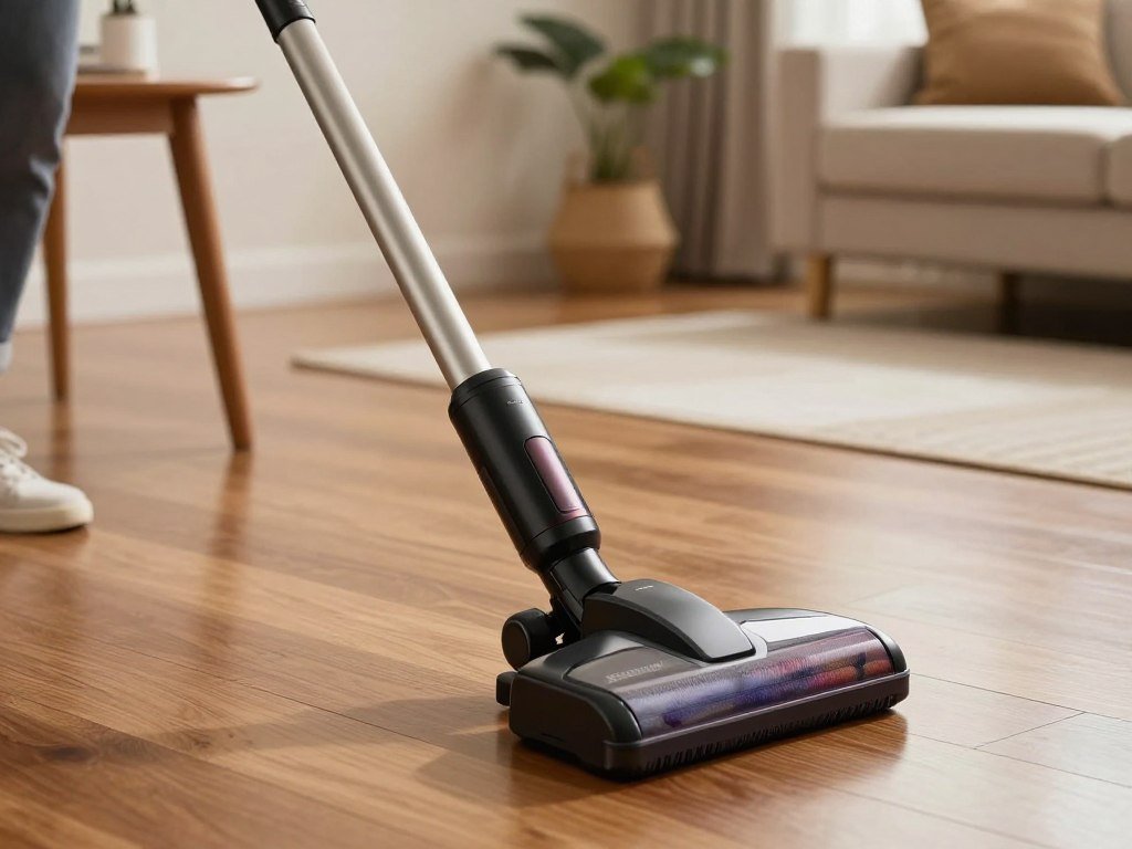Canister vacuum wand reaching under a hardwood table