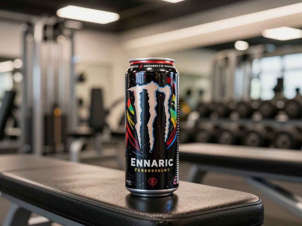 Canned energy drink and label checked before a gym session