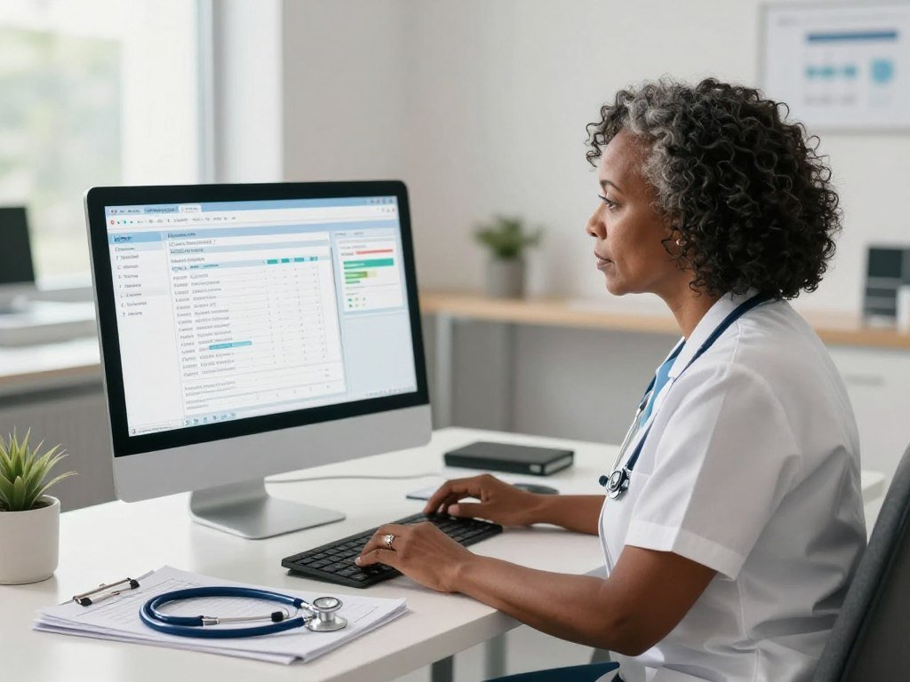 Care provider reviewing an electronic health record on screen Care provider reviewing an electronic health record on screen