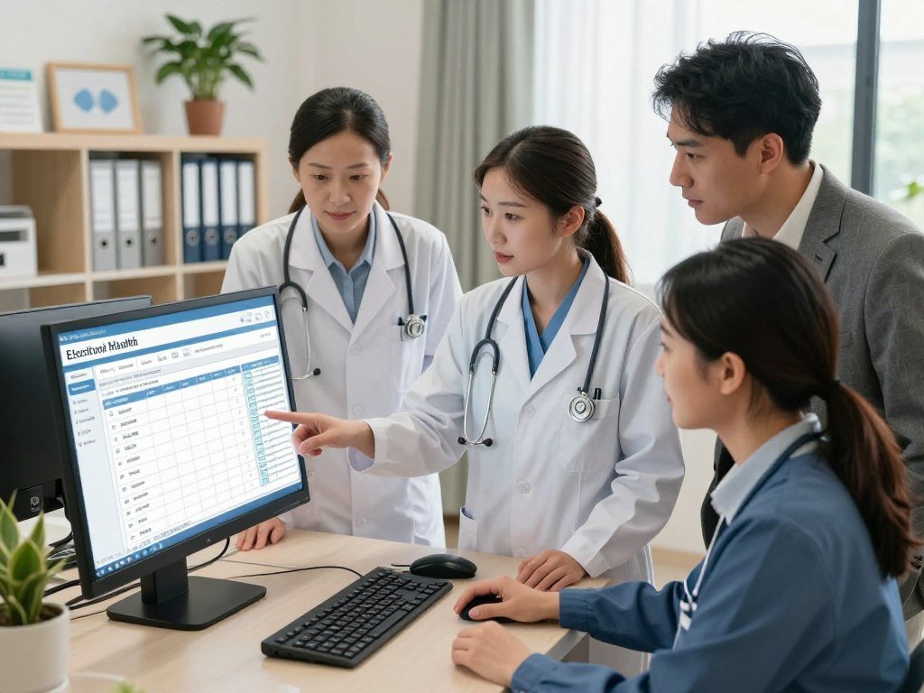 Care team viewing an EHR platform at a nursing facility