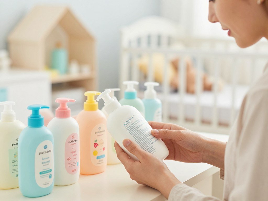 Caregiver reading baby shampoo ingredients and fragrance labels