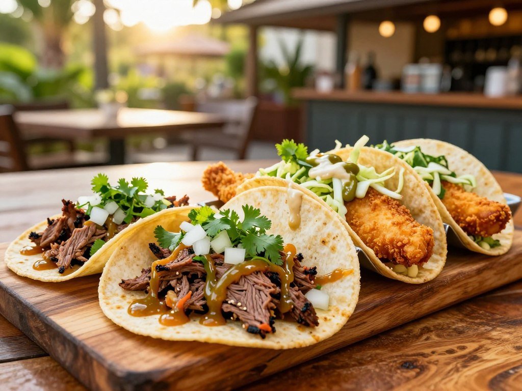 Carne asada and fish tacos with jalapeño sauce