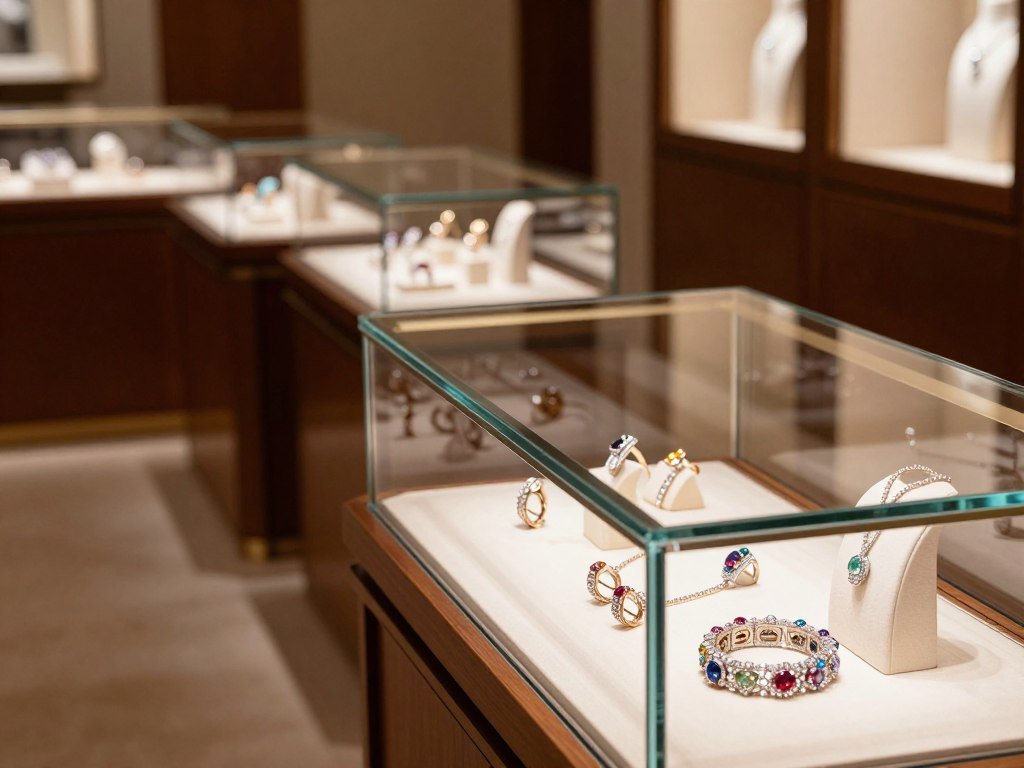 Cartier and Tiffany jewelry collections displayed in glass cases