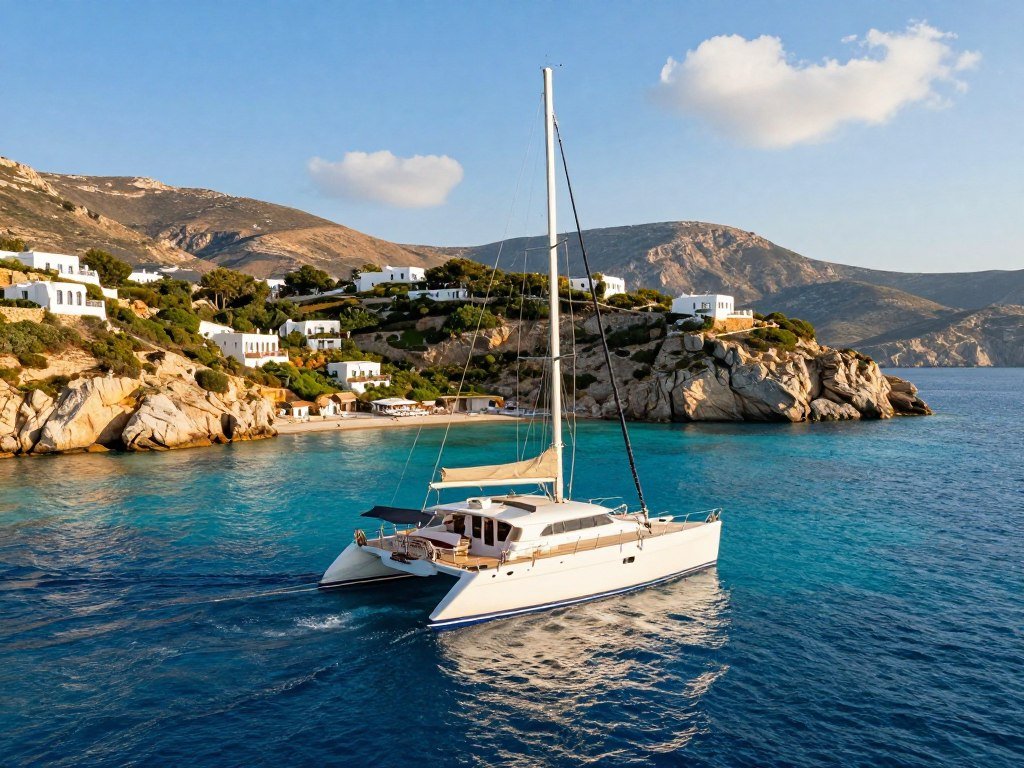 Catamaran near Greek islands on a Mediterranean yacht charter Catamaran near Greek islands on a Mediterranean yacht charter