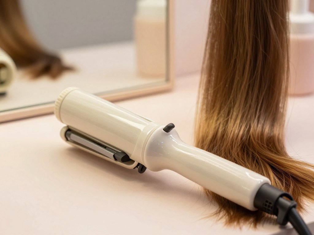 Ceramic barrel curling iron beside a section of fine hair