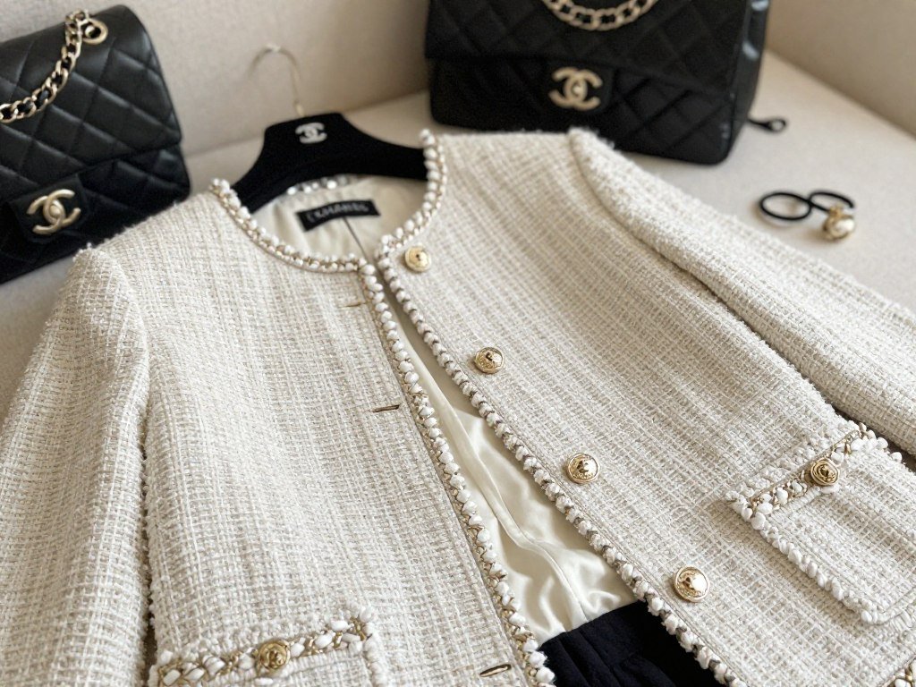 Chanel tweed jacket showing lining, buttons, and detailed trim