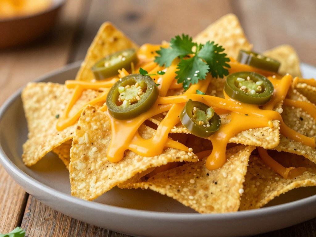 Cheddar-style vegan cheese shreds melting over nachos Cheddar-style vegan cheese shreds melting over nachos
