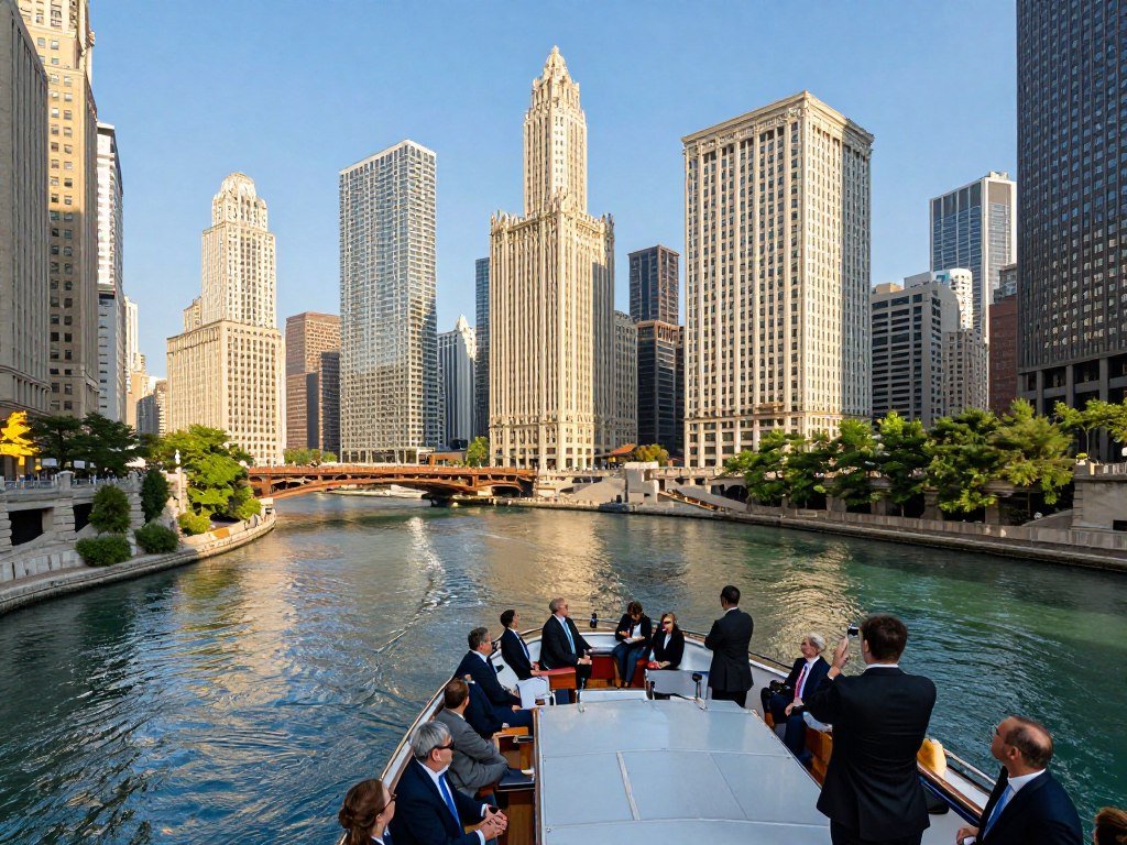 Chicago River architecture cruise passing downtown buildings Chicago River architecture cruise passing downtown buildings