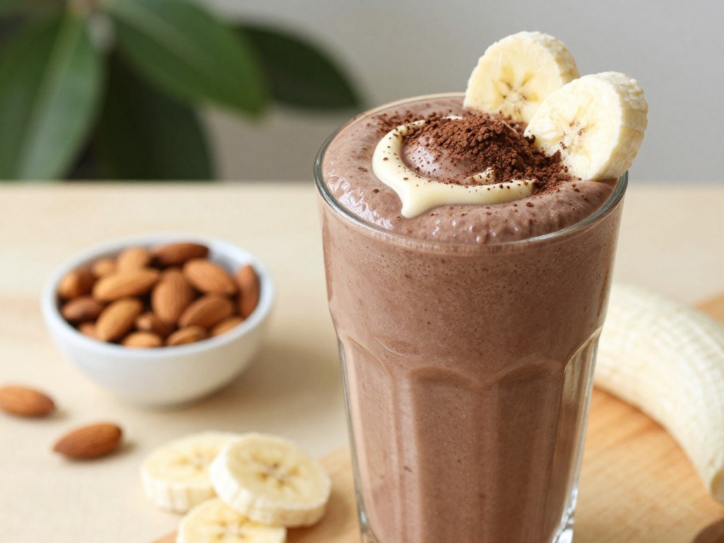 Chocolate protein smoothie with almond butter and banana