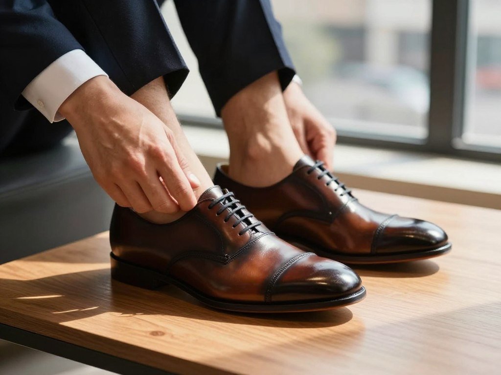 City Flat leather shoes being checked for fit and quality