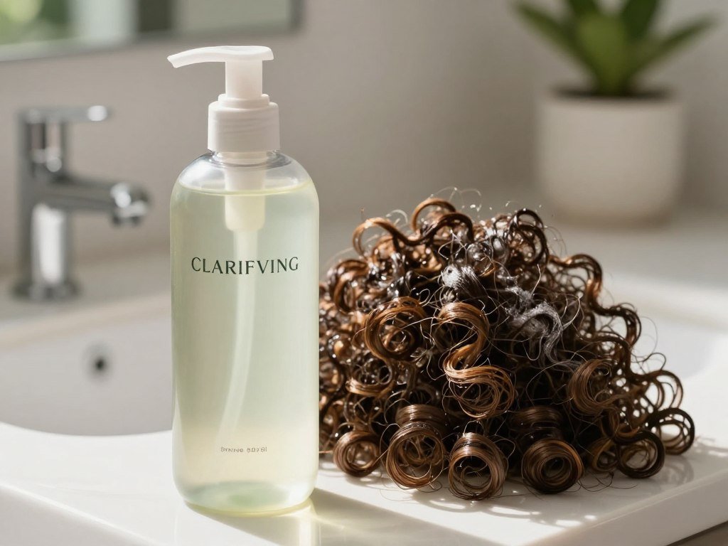 Clarifying shampoo beside curls with visible product buildup Clarifying shampoo beside curls with visible product buildup