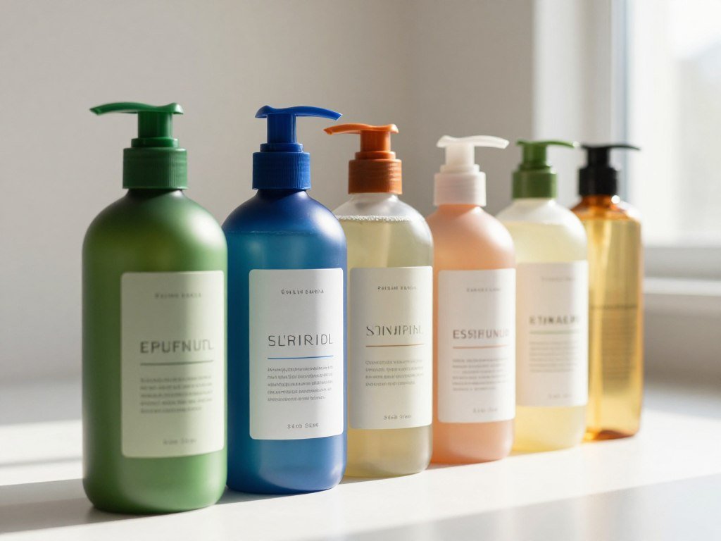 Clarifying shampoo bottles arranged for oily scalp and product buildup