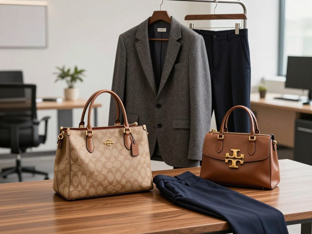 Classic Coach and polished Tory Burch bags beside work clothes Classic Coach and polished Tory Burch bags beside work clothes