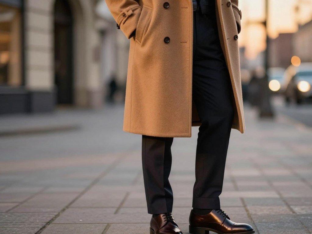 Classic camel wool coat styled with trousers and evening shoes Classic camel wool coat styled with trousers and evening shoes
