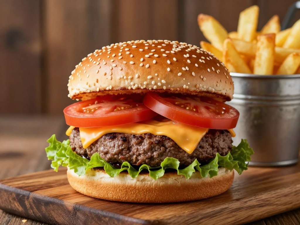 Classic cheeseburger with lettuce, tomato, and melted cheese