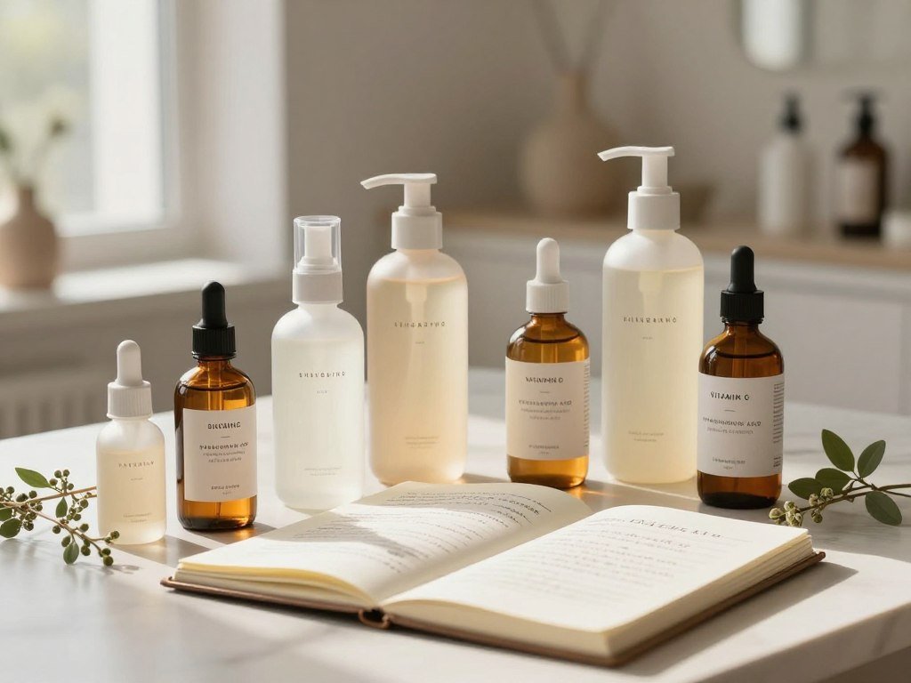 Cleanser and serums arranged beside skincare ingredient notes Cleanser and serums arranged beside skincare ingredient notes