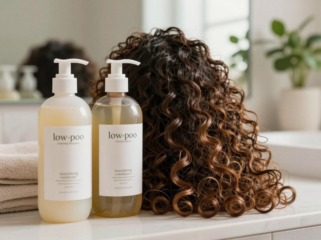 Cleansing conditioner and shampoo beside curls with low-poo care Cleansing conditioner and shampoo beside curls with low-poo care