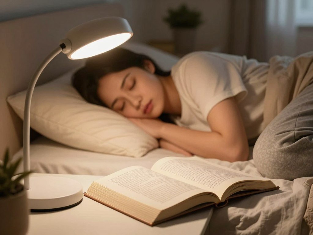 Clip-on book light shining on pages beside a sleeping partner