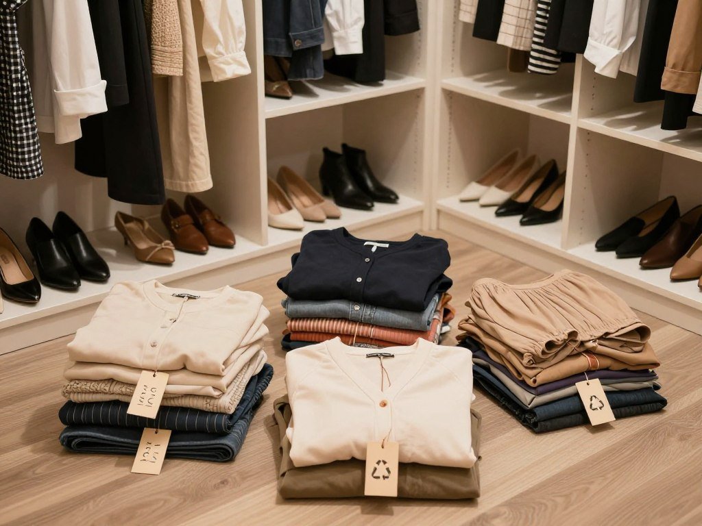 Closet audit with clothes sorted into three clear piles Closet audit with clothes sorted into three clear piles