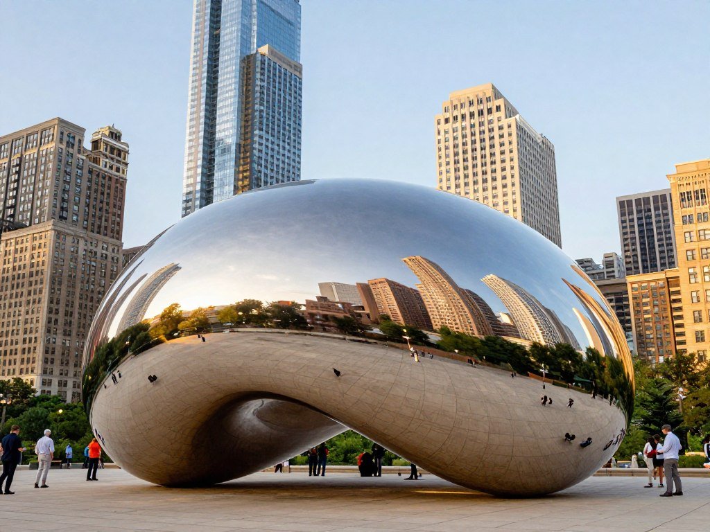 Cloud Gate reflecting downtown buildings in Millennium Park Cloud Gate reflecting downtown buildings in Millennium Park