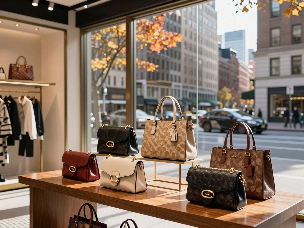 Coach and Michael Kors handbags beside a New York storefront