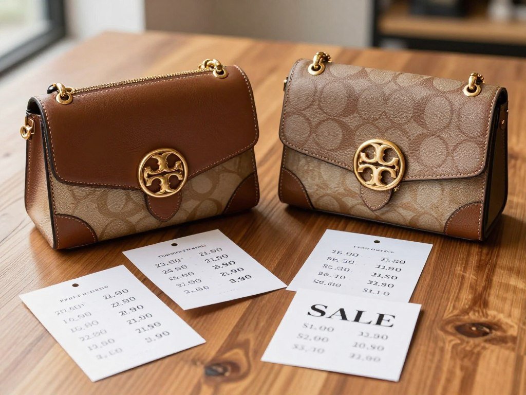 Coach and Tory Burch bags beside listed retail and sale prices Coach and Tory Burch bags beside listed retail and sale prices
