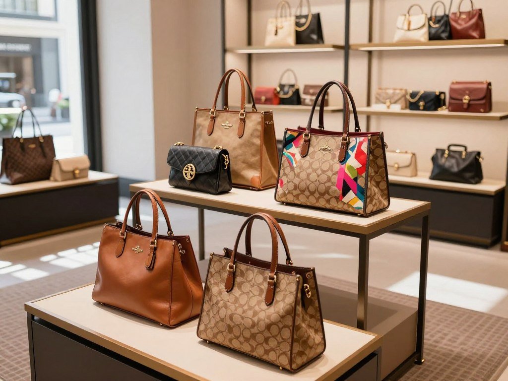 Coach and Tory Burch bags on display in an accessible luxury shop Coach and Tory Burch bags on display in an accessible luxury shop