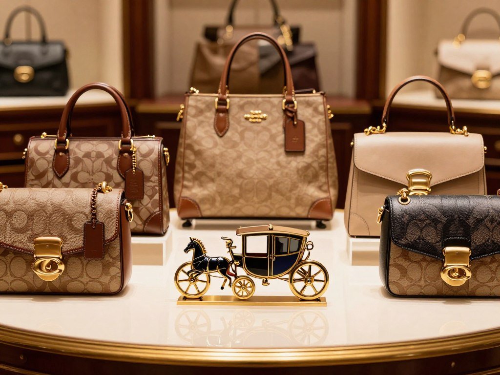 Coach horse and carriage emblem beside heritage handbag styles
