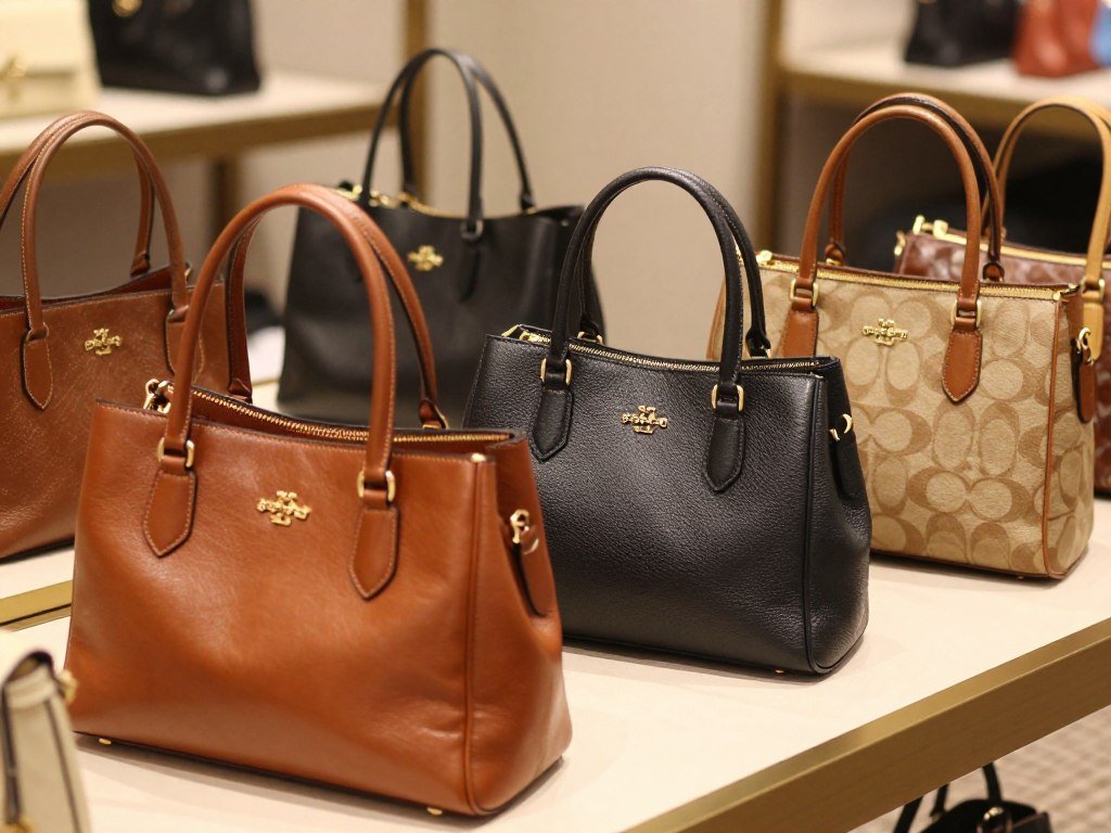 Coach leather and Tory Burch bags showing different finishes Coach leather and Tory Burch bags showing different finishes